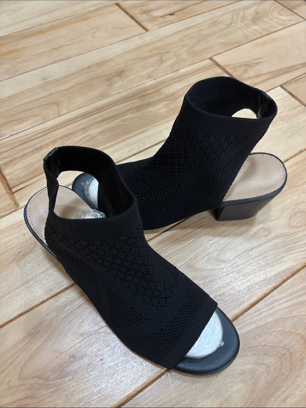 Knit Open-Toe Black Block Heel Mules